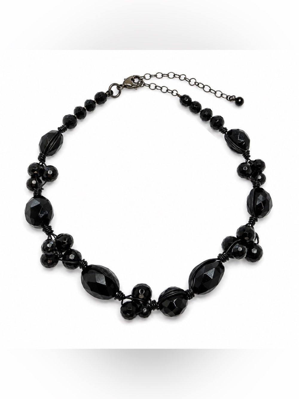 Black Faceted Beaded Choker Necklace Wire Wrapped Statement Adjustable